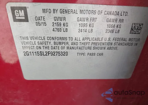 2015 Chevrolet Impala 1Lt из США, поврежденный, VIN 2G1115SL2F9275320